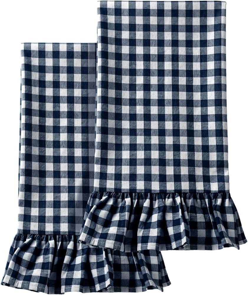 HunnmingRe Navy Blue Kitchen Towels Set of 2, 100% Cotton Ruffled Gingham Dish Towels 18"x28" Abs... | Amazon (US)