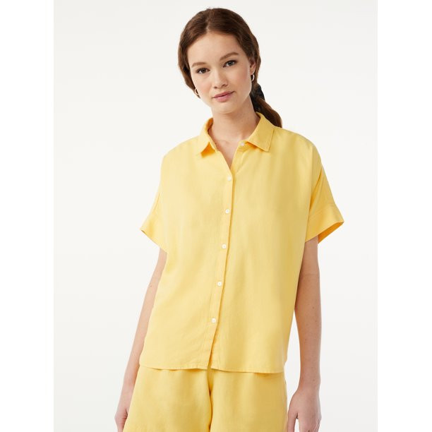 Free Assembly Women's Button Down Shirt with Short Sleeves - Walmart.com | Walmart (US)