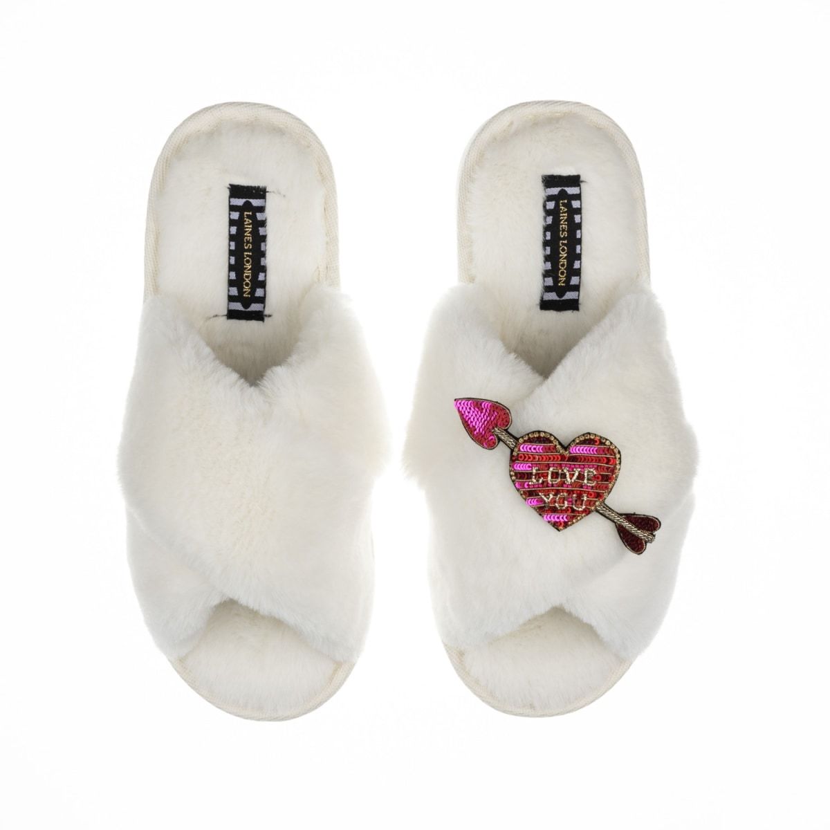 Classic Laines Slippers With I Love You Brooch - Cream | Wolf & Badger (US)