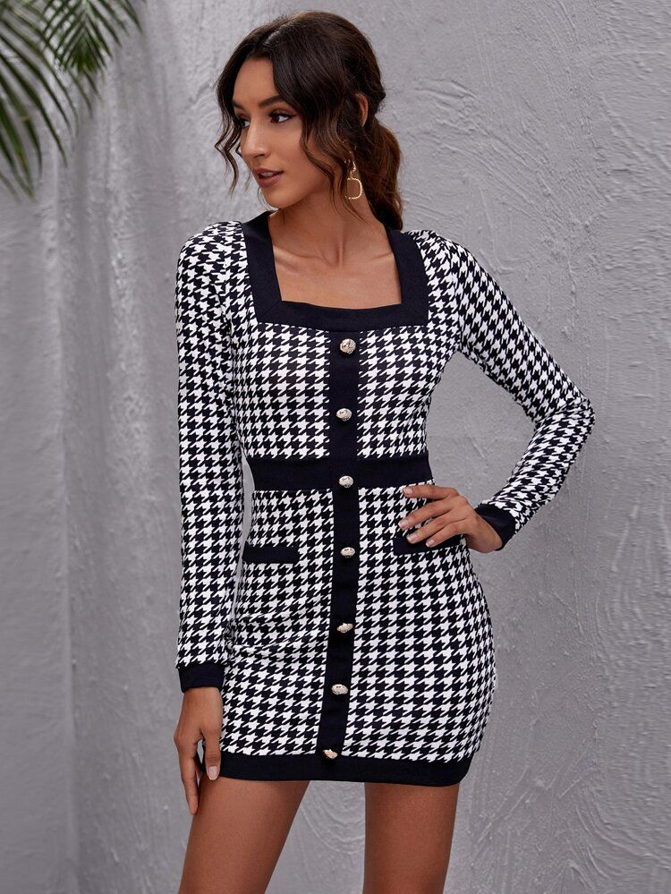 SHEIN Frenchy Button Front Houndstooth Bodycon Dress
       
              
              $13.99 ... | SHEIN