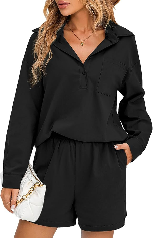 Zeagoo Womens 2 Piece Outfits Lounge Sets Cotton Linen Long Sleeve V-Neck Shirt and Mini Shorts W... | Amazon (US)
