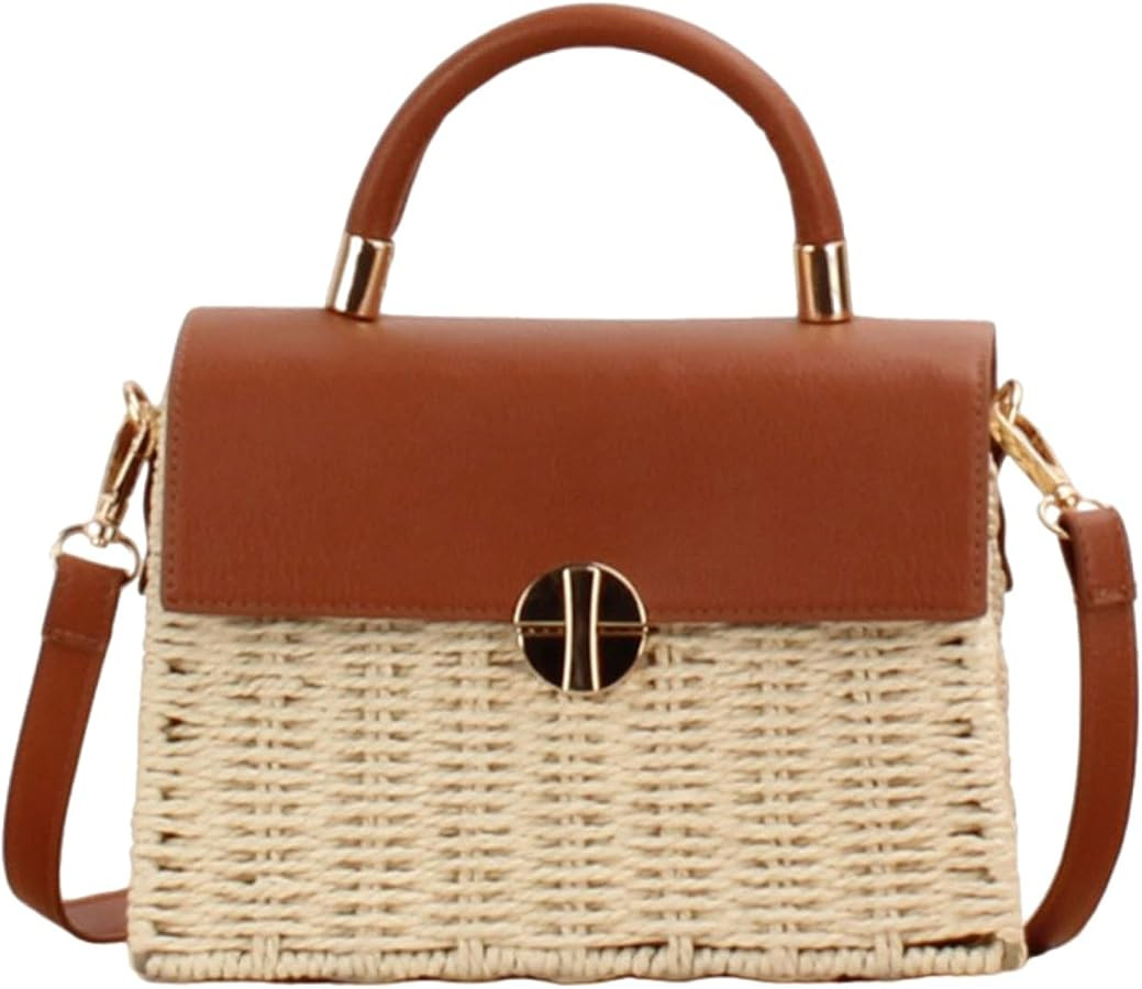 Hand woven rattan bag, summer leather flip beach bag, women's straw woven handbag | Amazon (US)