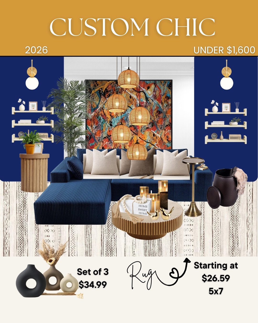 💙 Custom Chic: The Bold & Textured Living Room 💙
Tired of "sad beige" interiors? Let’s talk about Custom Chic—my newest mood board that’s all about depth, texture, and major 2026 energy. 🌊✨
I’ve paired a rich navy velvet sectional with natural rattan and warm wood tones to create a space that feels both high-end and incredibly grounded. The best part? This entire designer look is under $1,600.
🛋️ The Elements:
• Bold Contrast: Deep navy meets vibrant, textured wall art.
• Natural Textures: Rattan chandeliers and seagrass baskets for that organic feel.
• Metallic Pops: Gold accents and candle sets for that "Custom Chic" glow.
✨ WHAT YOU GET:
When you grab this mood board, I’m taking all the guesswork out of your shopping:
• 🔗 Clickable Shopping Links (straight to the items!)
• 📂 PDF Portfolio to keep your project organized.
• 🖼️ 2D Mood Board for the ultimate layout inspiration.
Ready to elevate your living room?
👉 Link in bio to shop the entire look!
💌 DM me "CHIC" if you’re ready to collaborate 1-on-1 and bring this vision to your specific home!
#LivingRoomInspo #NavyDecor #CustomChic #InteriorDesign2026 #HomeDecorTrends #AffordableLuxury #AmazonHome #MoodBoardMagic #4TheLoveOfDecor #JasminesMoodStudio

#LTKSeasonal #LTKHome #LTKvlog