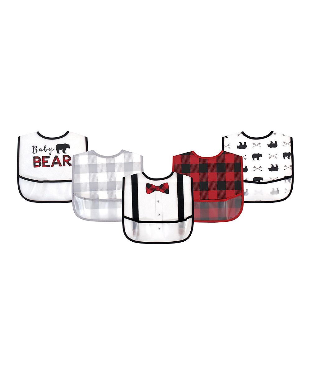 Little Treasure Boys' Bibs Baby - White & Red 'Baby Bear' Pocket-Bottom Bib - Set of Five | Zulily