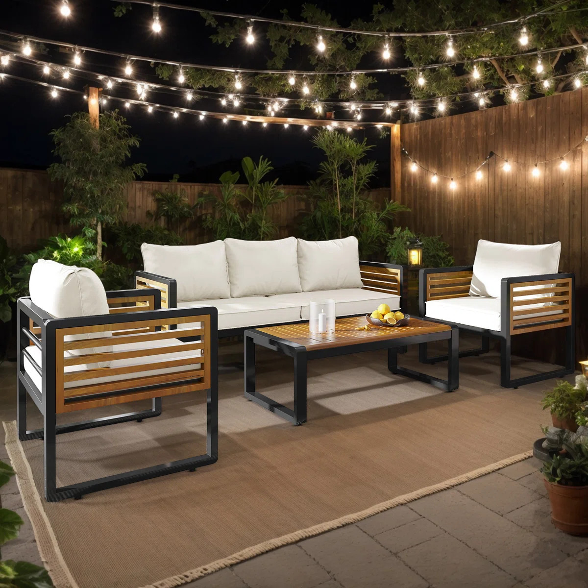 Abdel Outdoor 5 - Person Acacia Sofa Seating Group with Removable Cushion, Black Metal and Wood F... | Wayfair North America