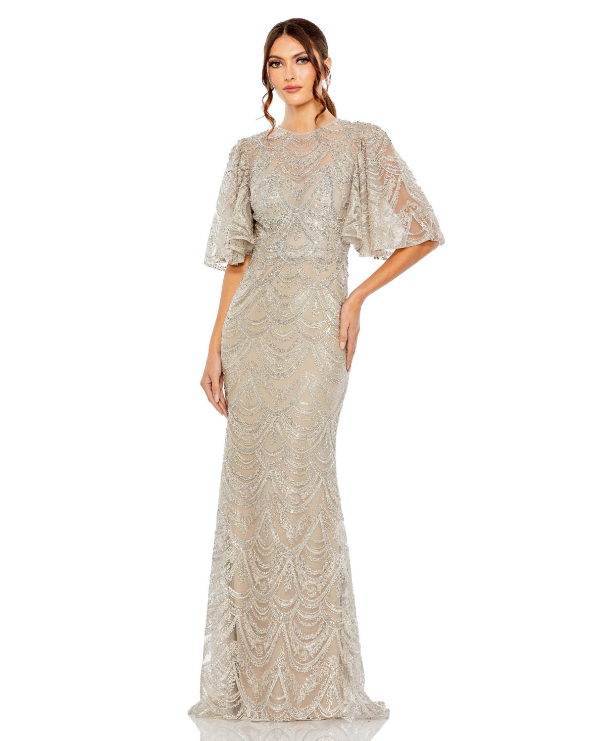 Mac Duggal Women's Embellished Flutter Sleeve High Neck Gown - Taupe | Macy's