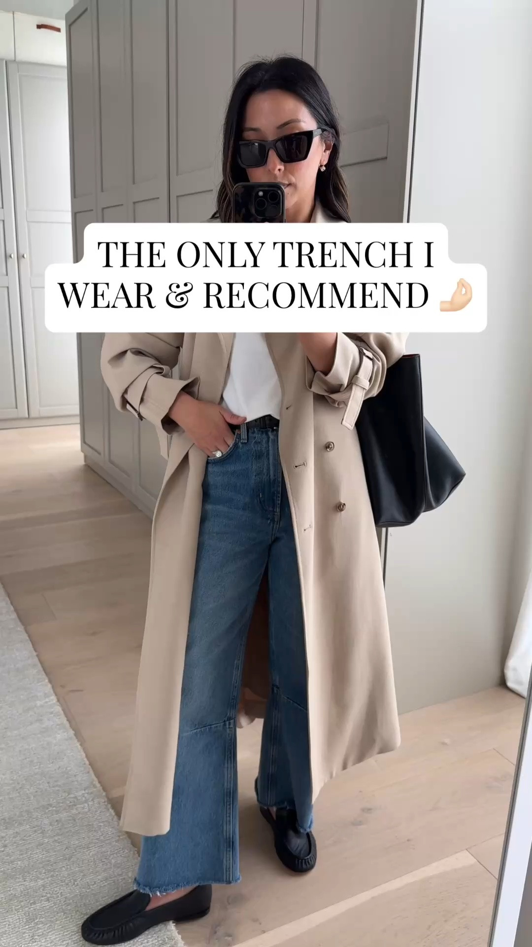 The only trench I wear and recommend. Size down

Oak + Fort trench xxs
Aritzia tee medium
Aritzia belt
Citizens of Humanity Miro jeans 24 - size down and cut hems 
Vince loafers 5
Mansur Gavriel tote
YSL sunglasses
Electric Picks earrings
Dorsey James necklace 15”

#LTKmomlife #LTKPetite #LTKWorkwear