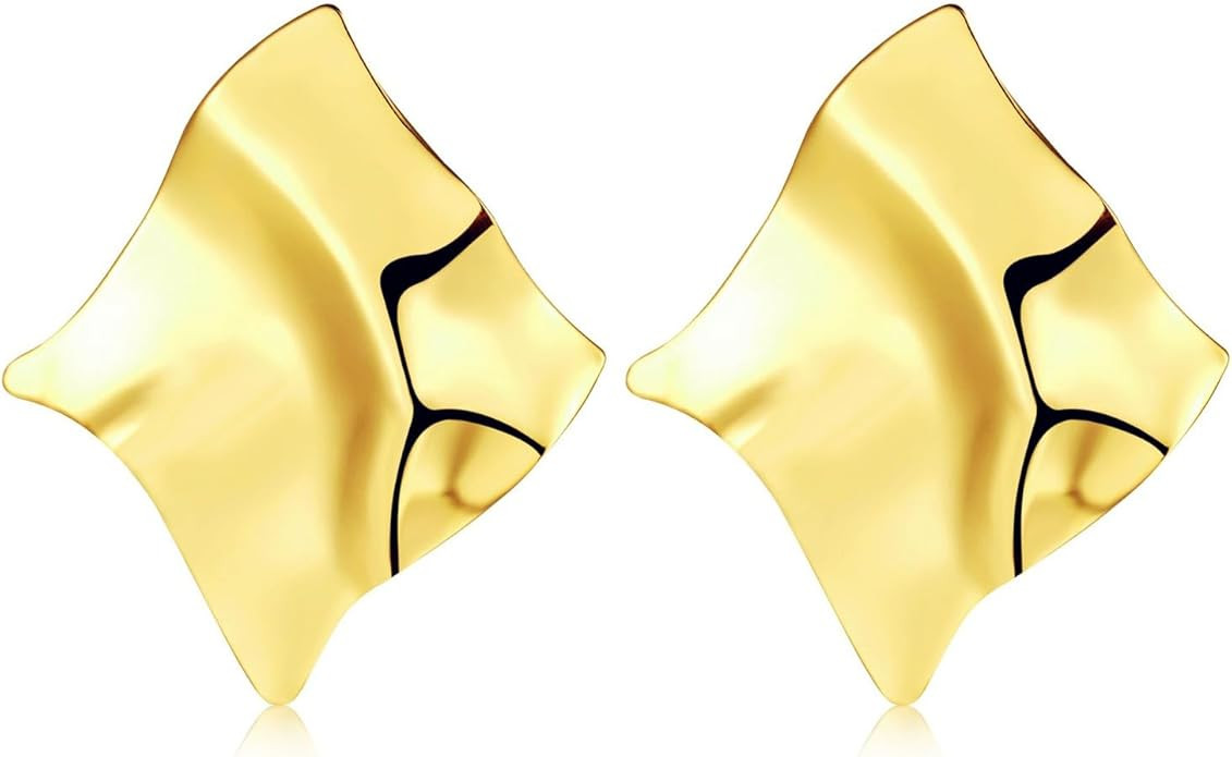 Gold Plated Geometric Crumpled Fold Earrings Boho Vintage Irregular Square Mirror Temperament Ham... | Amazon (US)