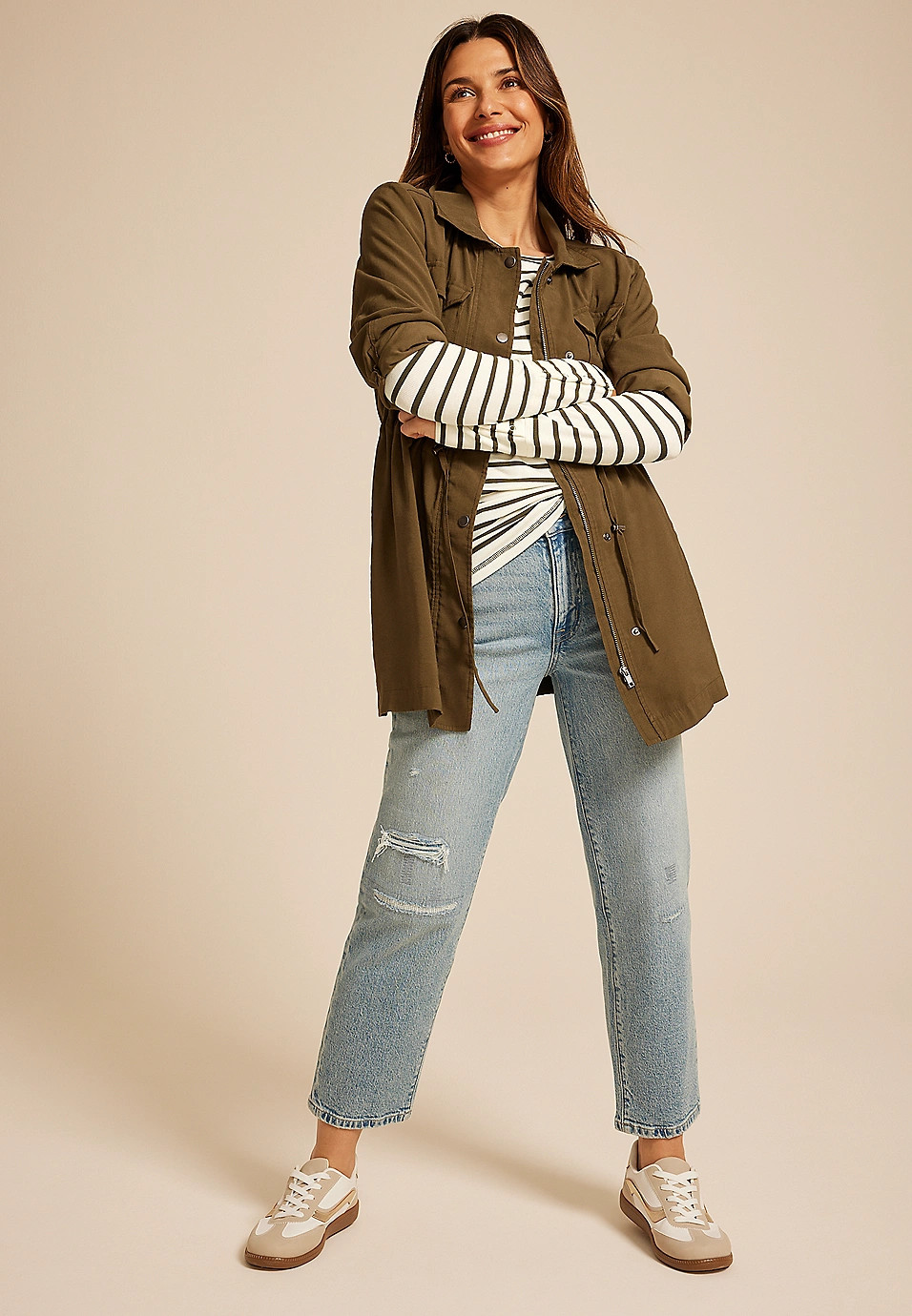 Soft Essential Striped Crew Neck Snap Cuff Top | Maurices