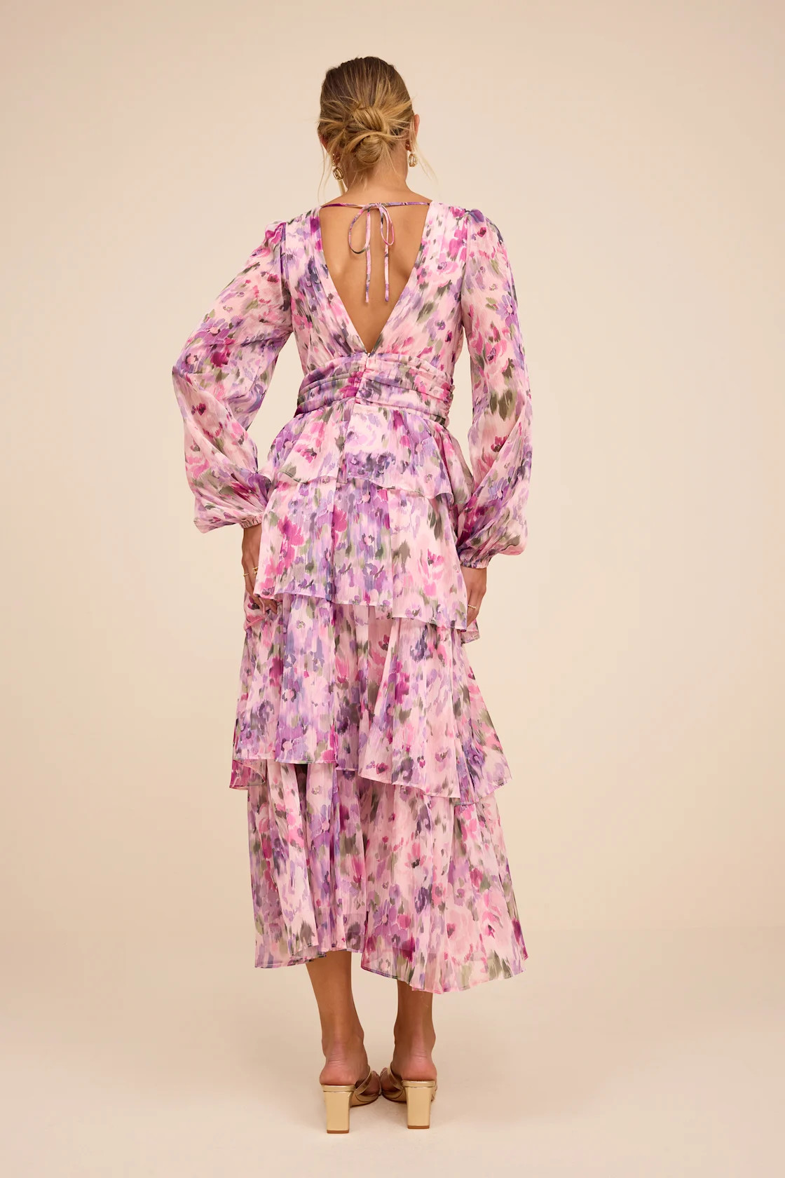 Macy Blush Multi Floral Tiered Midi Dress | Lulus