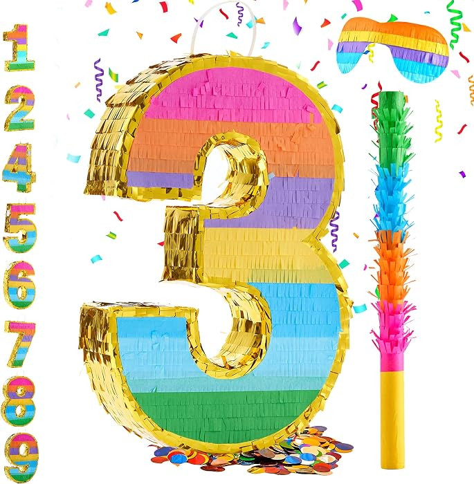 Rainbow Number 3 Pinata for 3rd Birthday Party Decorations, Birthday Pinata with Stick Blindfold ... | Amazon (US)