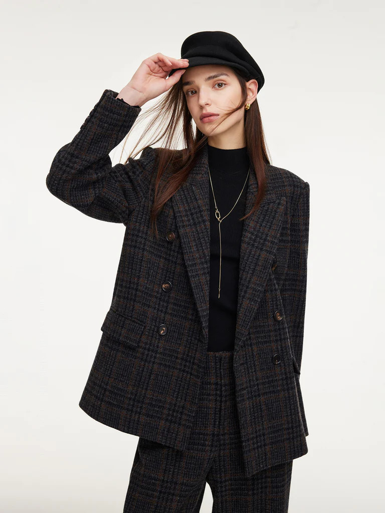 100% Wool Plaid Notched Collar Unisex Blazer | GOELIA