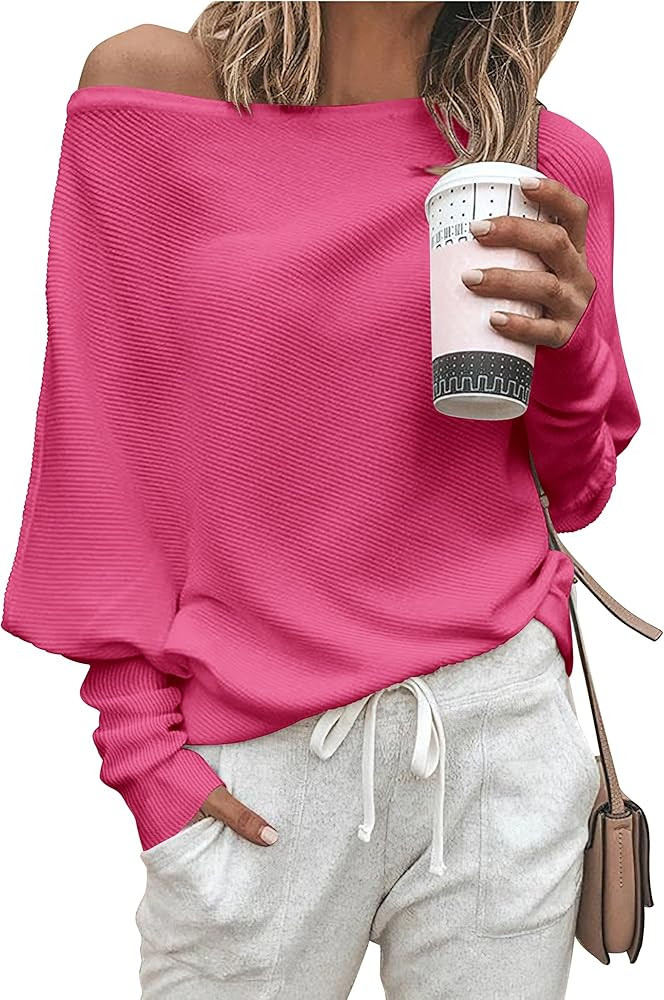 Zenlonr Women's Fall Sweaters 2026 Casual Long Batwing Sleeve Loose Off Shoulder Knit Pullovers J... | Amazon (US)