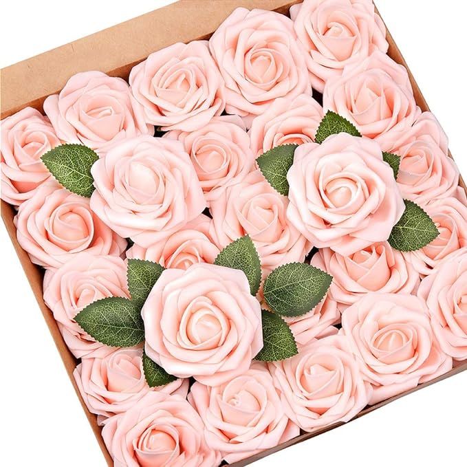 Mocoosy 50Pcs Artificial Rose Flowers, Blush Pink Roses Real Touch Foam Fake Rose Bulk with Stem ... | Amazon (US)