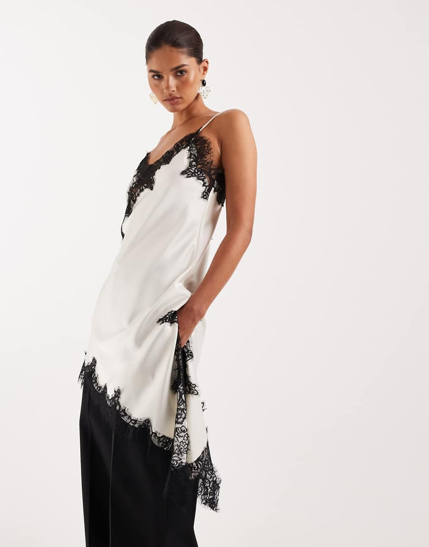 Lioness Emerging v neck contrast lace applique detail asymmetric hem cami top in porcelain-White | ASOS (Global)
