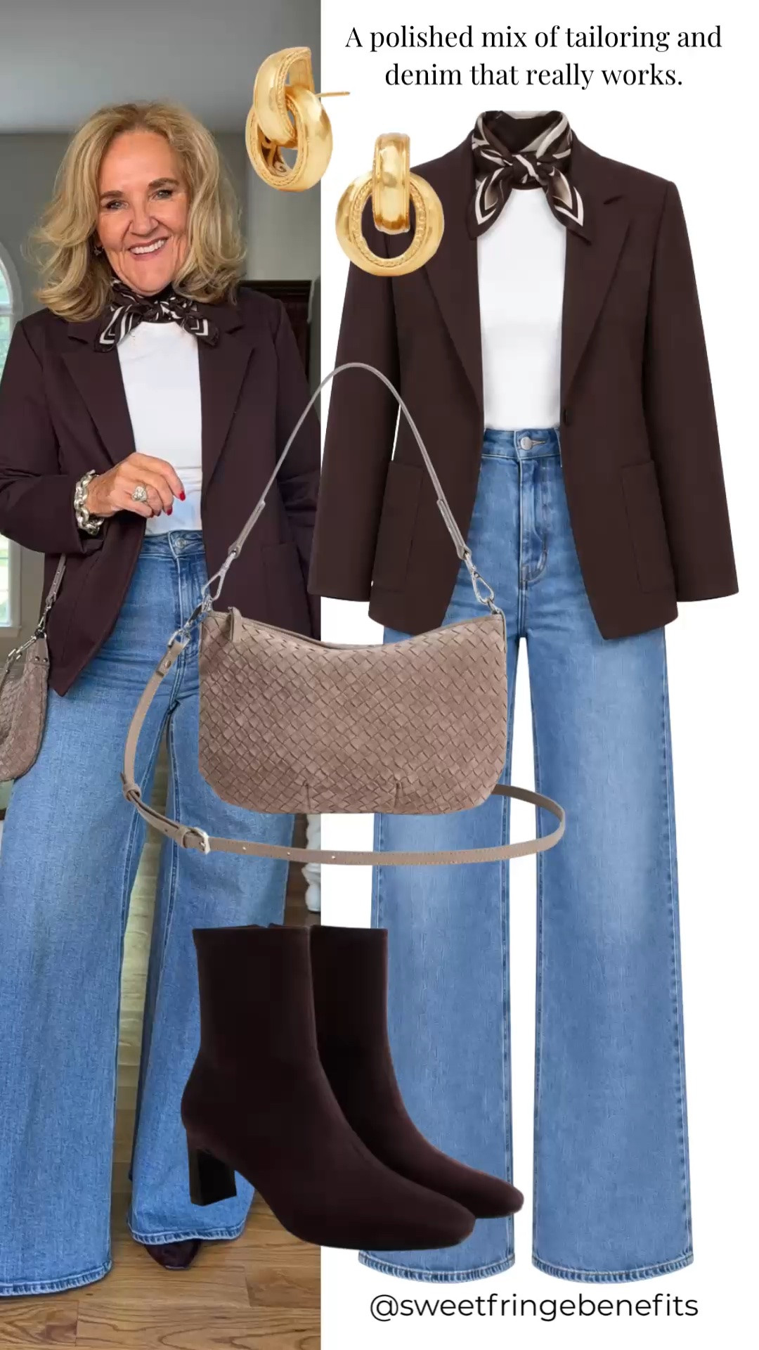 I really like the mix of this deep brown blazer with the lighter denim. I’m wearing a medium in the blazer and a size 29 in the jeans, and the little neck scarf adds just enough personality.

#LTKootd #LTKgrwm #LTKdayinmylife
