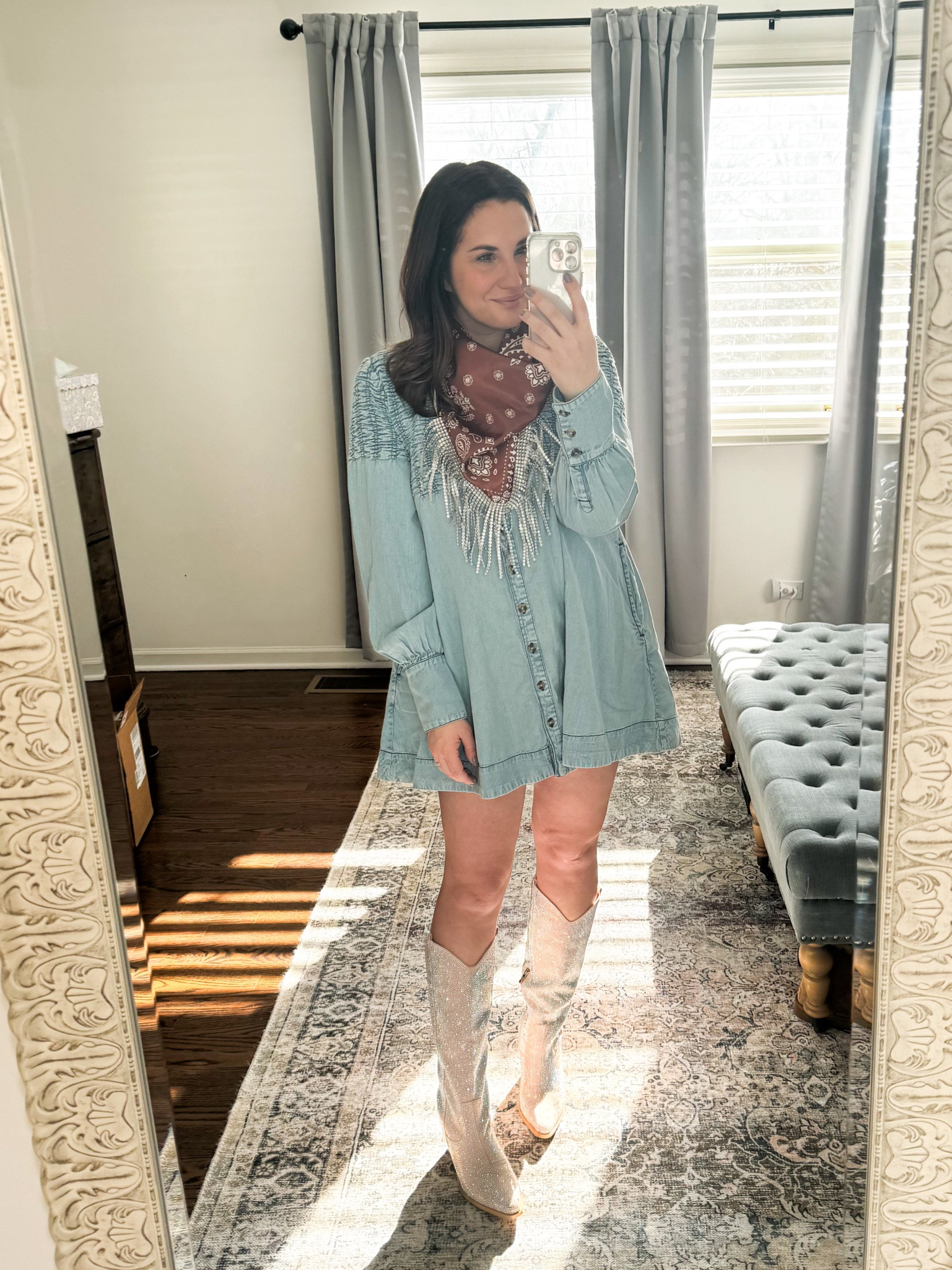 Disco cowgirl outfit. Western outfit. Free people Denim dress- tts. 
Amazon boots tts- size up for wide feet. 

#LTKfindsunder100 #LTKmidsize #LTKfindsunder50