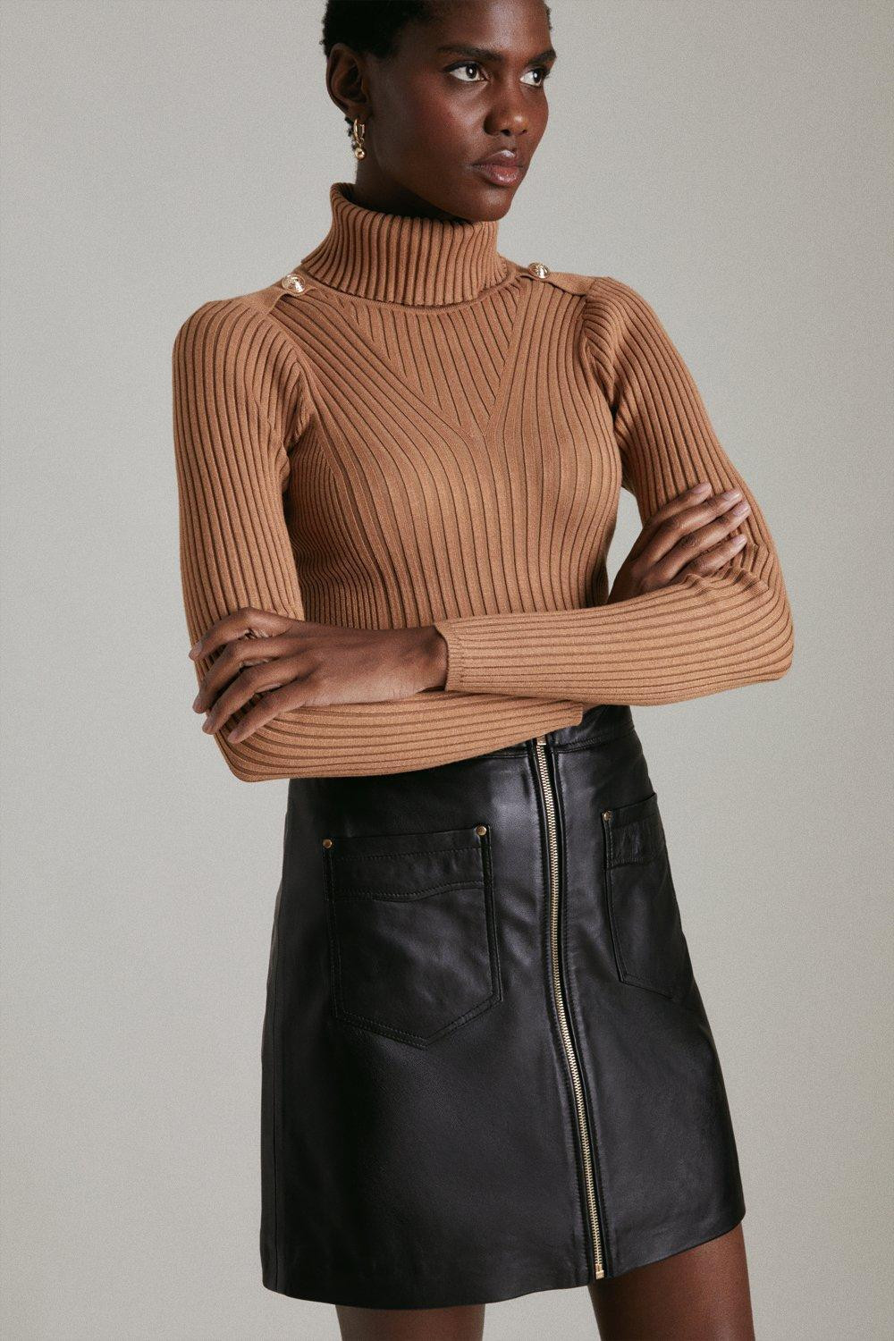 Travelling Rib Knitted Roll Neck Jumper | Karen Millen UK & IE