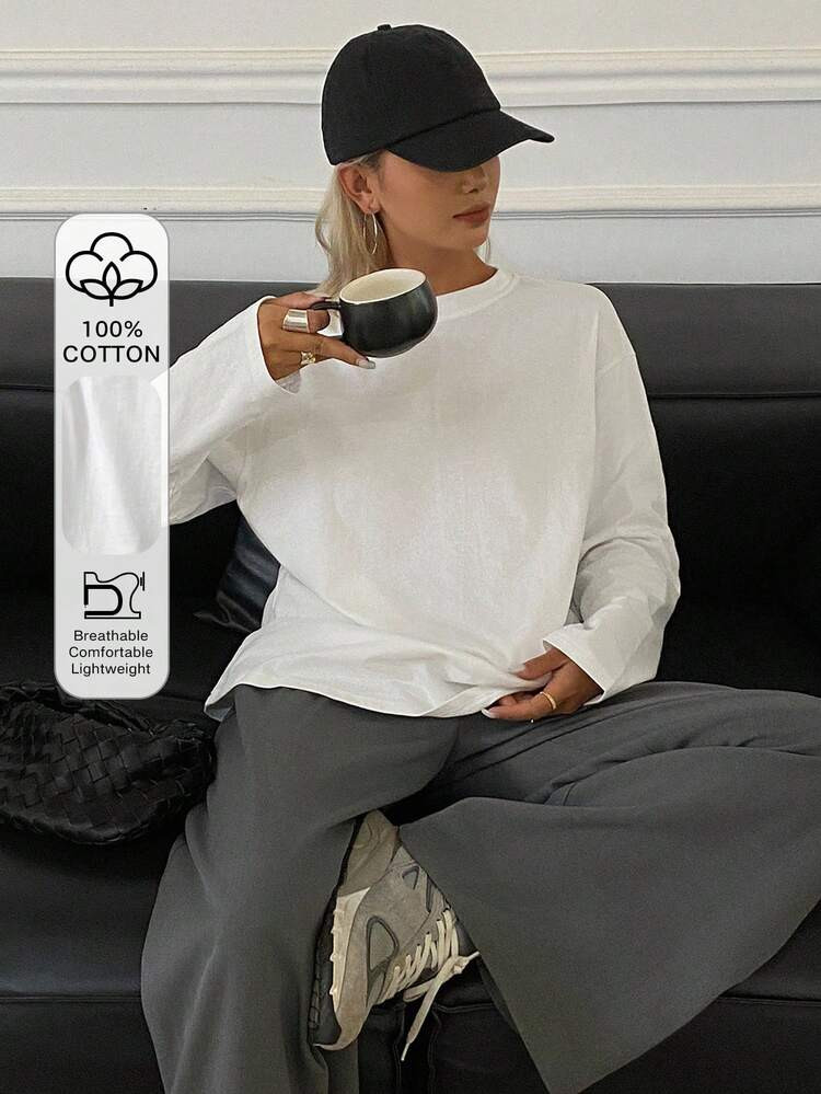 Long sleeve cotton t-shirt | SHEIN