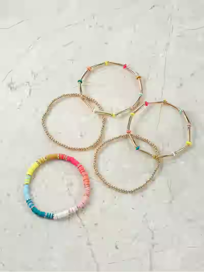 Time and Tru Goldtone Stretch Beaded Bracelet Set, Multicolored Beads, 5 Pieces | Walmart (US)