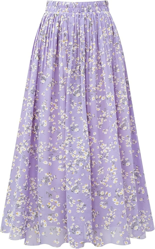 Kingfancy Women's Pleated Skirt Chiffon Elastic Waist A-Line Midi Length Skirt | Amazon (US)