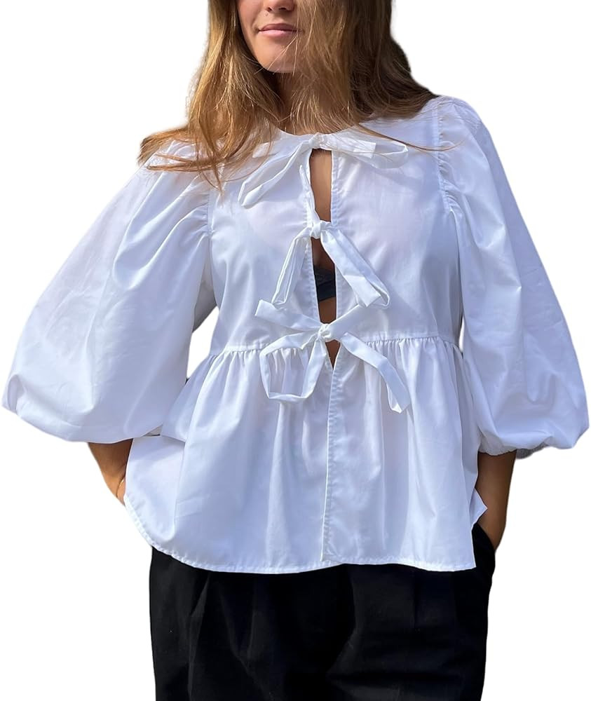 Women Y2k Peplum Shirt Puff Short Sleeve Lace Up Bow Blouse Tie Open Front Ruffle Hem Blouses Top... | Amazon (US)
