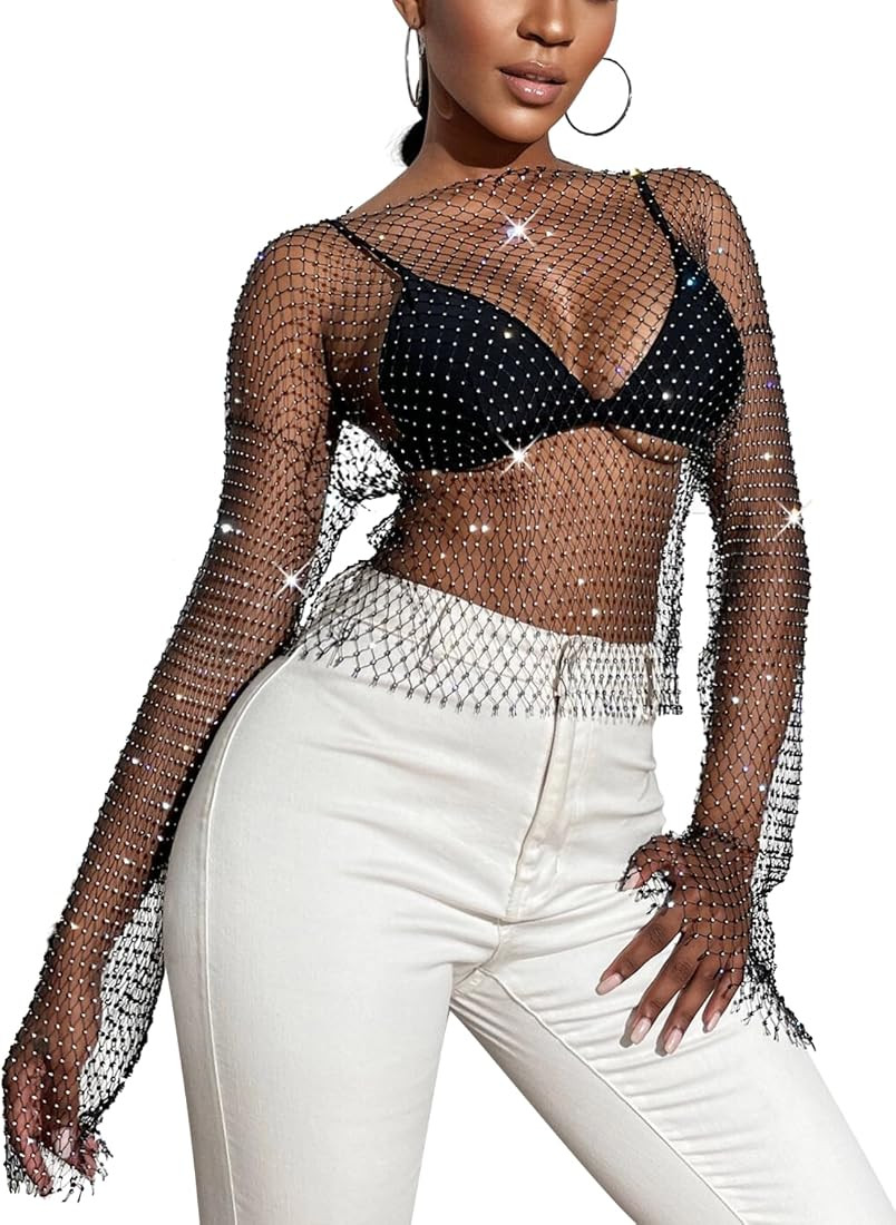 Women Sparkly Rhinestone Fishnet Top - Rave Outfit Sheer Long Sleeve Cover Up Crop Tops Off Shoul... | Amazon (US)