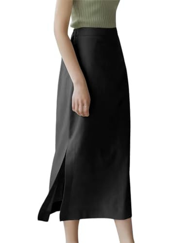 Ylingjun Black Linen Skirt for Women High Elastic Waisted Straight Long Linen Skirt with Slit (Black, L) | Amazon (US)