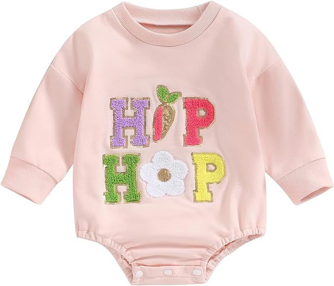 Newborn Baby Boy Girl Easter Outfit Bunny Print Sweatshirt Bubble Romper Long Sleeve Oversized Bo... | Amazon (US)