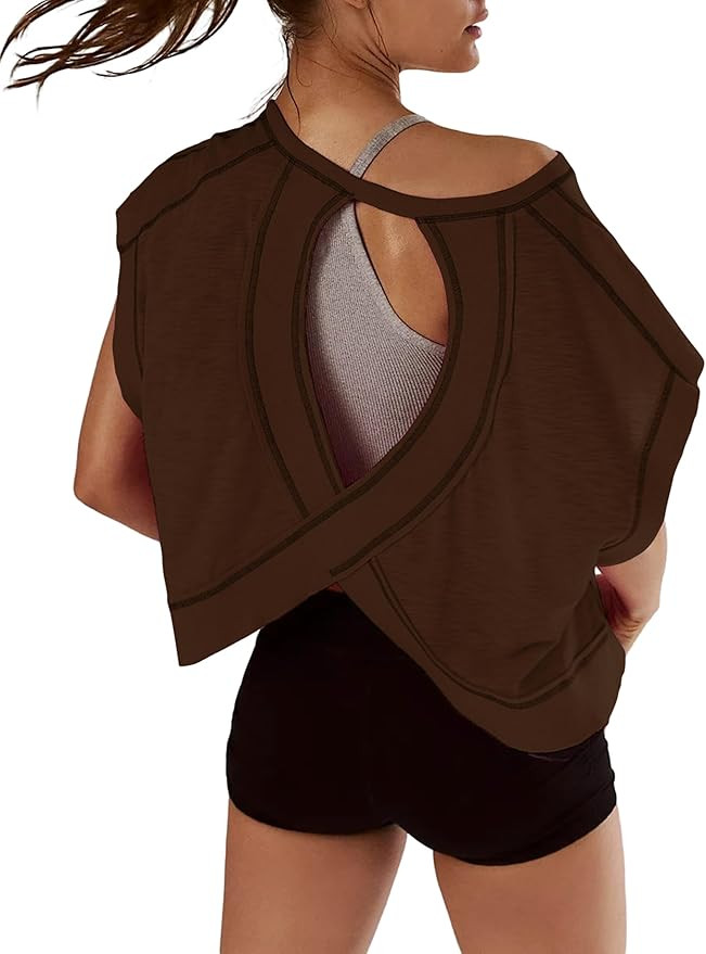 Kumufenc Women Short Sleeve Workout Shirts Open Back Tops Casual Yoga Y2k Athletic Gym Slouchy Cr... | Amazon (US)