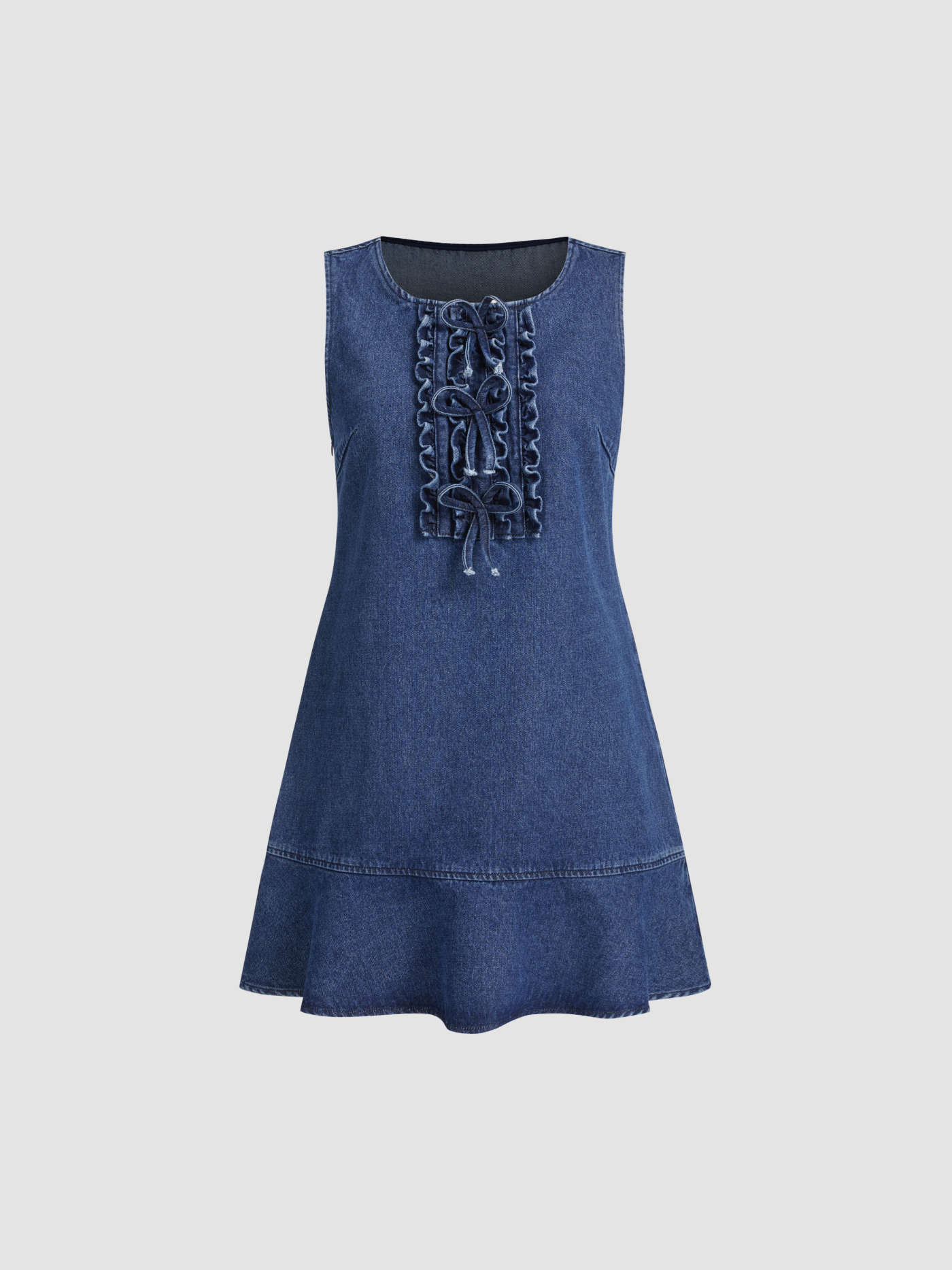 Denim U-Neckline Solid Lettuce Trim Bowknot Mini Dress | Cider