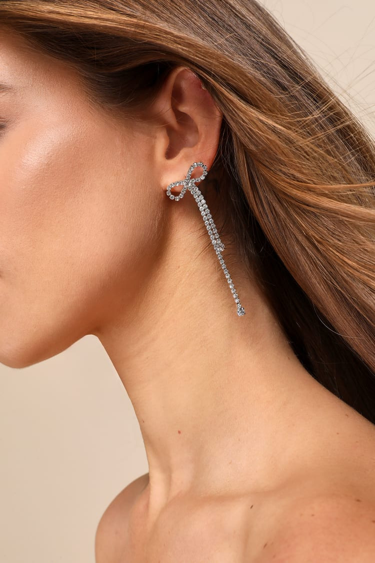 Pristine Pick Silver Rhinestone Bow Drop Earrings | Lulus (US)
