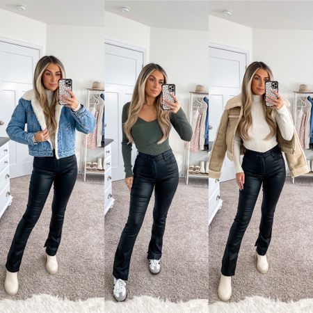 3 outfits in my favorite coated jeans! These look like a faux leather pant with the comfort of denim 🫶🏼 absolutely love these! I’m wearing a 24 short in curve love 

#LTKstyletip #LTKfindsunder100 #LTKSeasonal