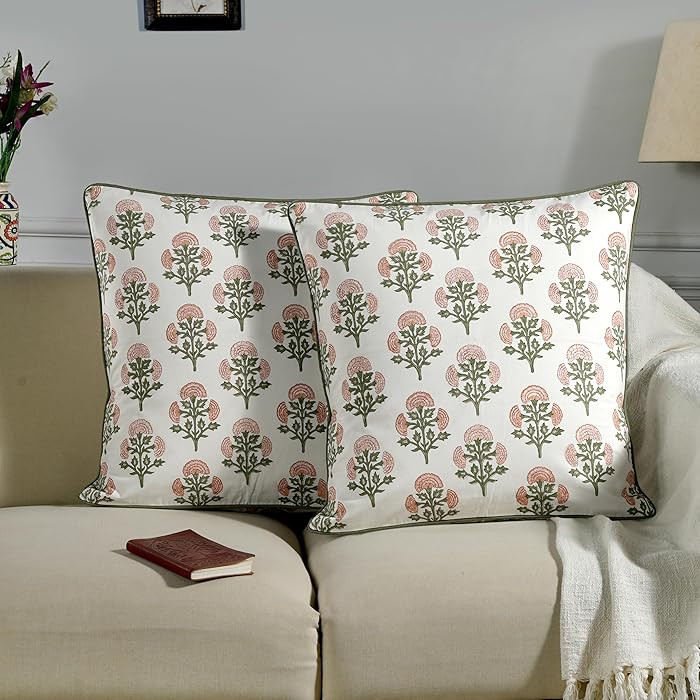 Ridhi Block Print Mughal Buta Peach Pillow Cover 24" x 24" (Pack of 2) Decorative Couch Pillows f... | Amazon (US)