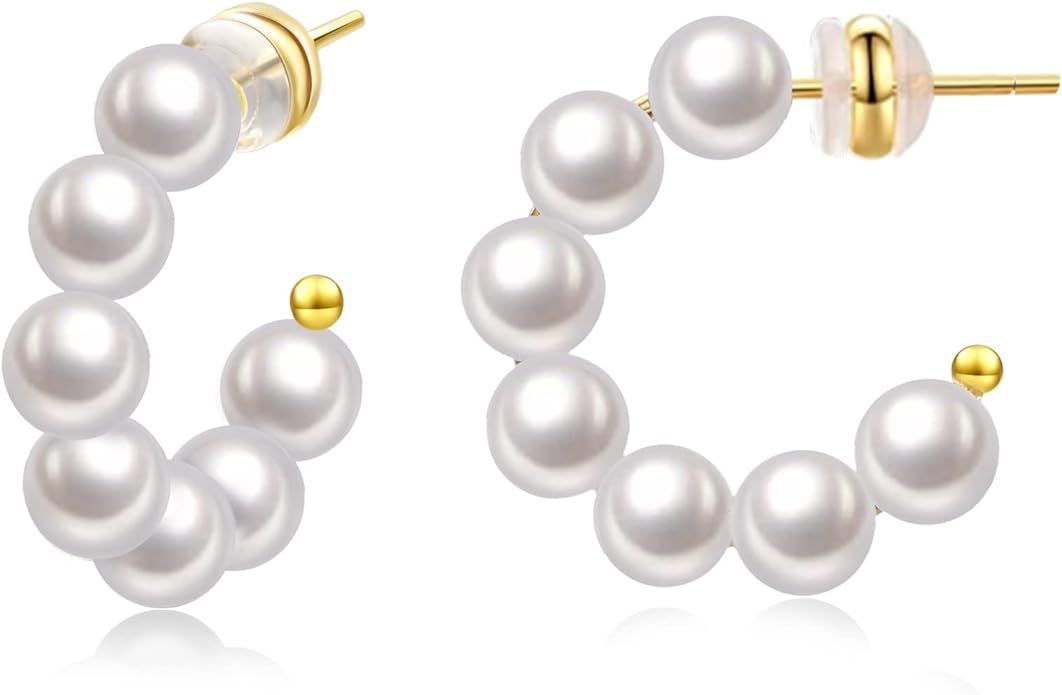 Pearl Hoop Earrings for Women Small Pearl Hoop Earrings 14K Gold Plated Lightweight Open Large Ci... | Amazon (US)