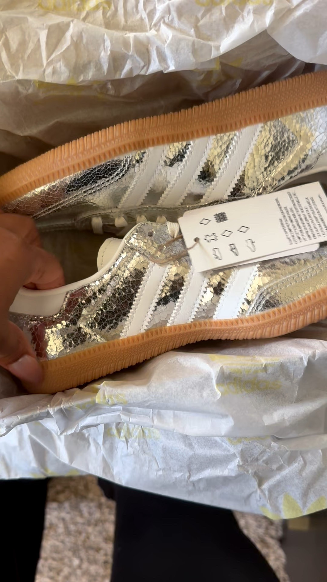 Yall know I got baby feet so I’m geeked !! Adidas has kid sizes in the silver sambas now !!!!🎉🎉