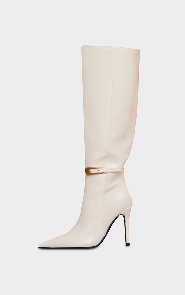 Cream Wide Fit Patent PU Point Toe Knee High Stiletto Heeled Boots | PrettyLittleThing US