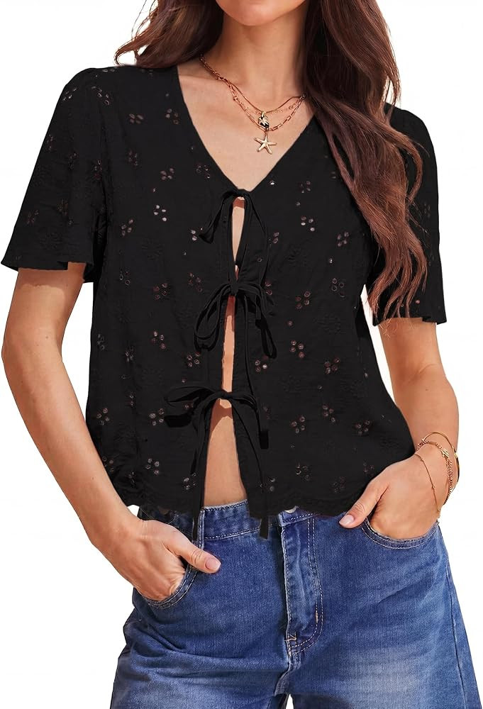 Totatuit Womens Cotton Tie Front Tops Boho V Neck Eyelet Shirt Embroidery Cute Summer Beach Vacat... | Amazon (US)