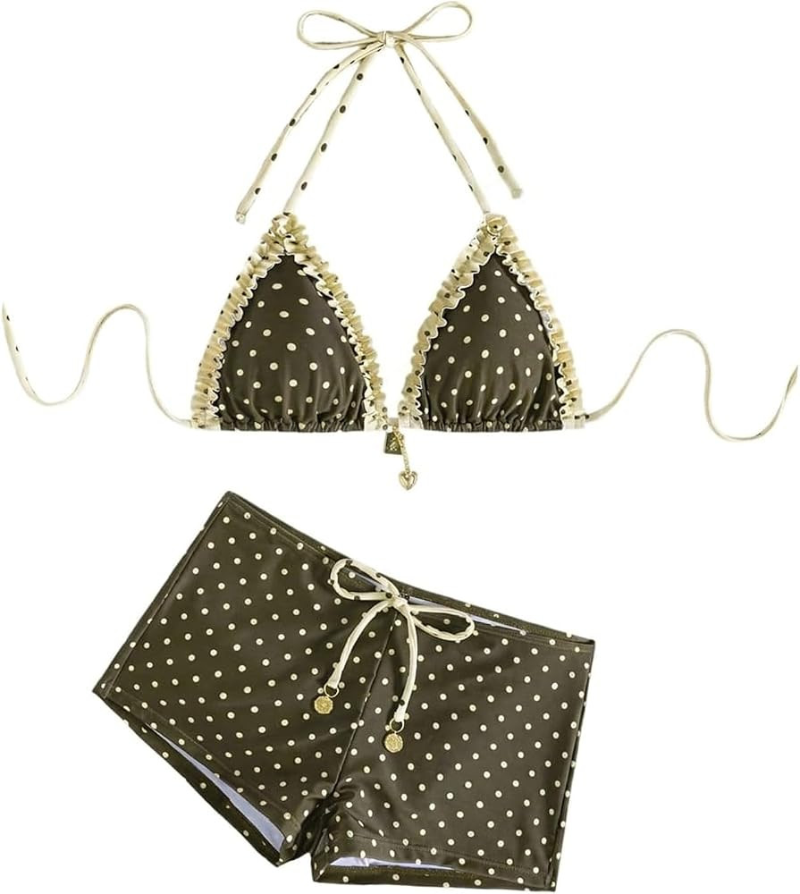 WDIRARA Women's Polka Dots 2 Piece Swimsuit Frill Trim Triangle Halter Bikini Sets with Boyshorts | Amazon (US)