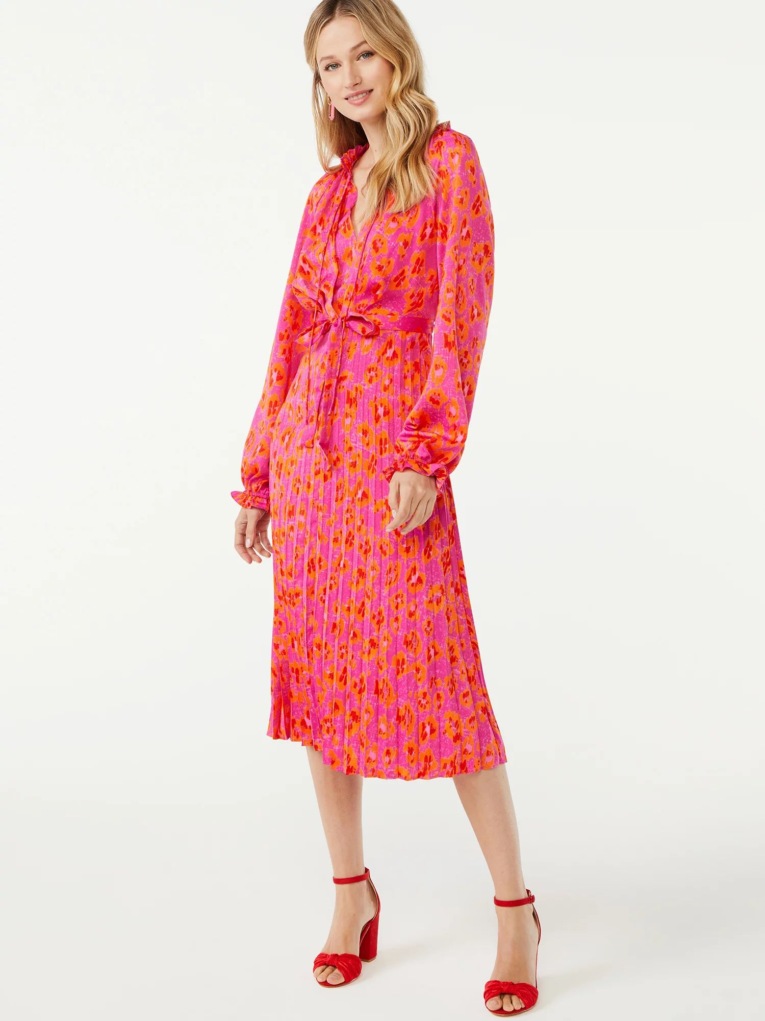 Scoop Women's Long Sleeve Split Neck Pleated Midi Dress - Walmart.com | Walmart (US)