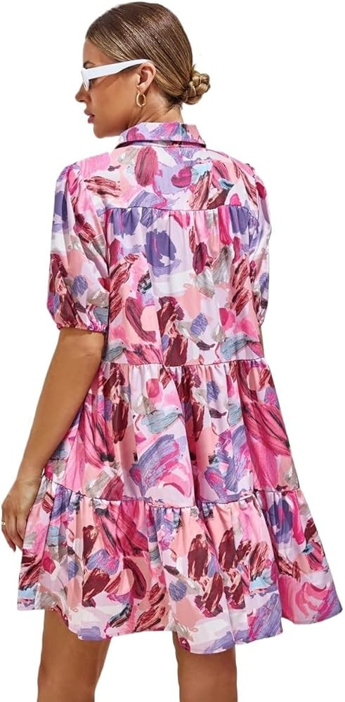 Women's Short Dresses Casual Print Puff Sleeve Ruffle Hem Smock Dress | Amazon (US)