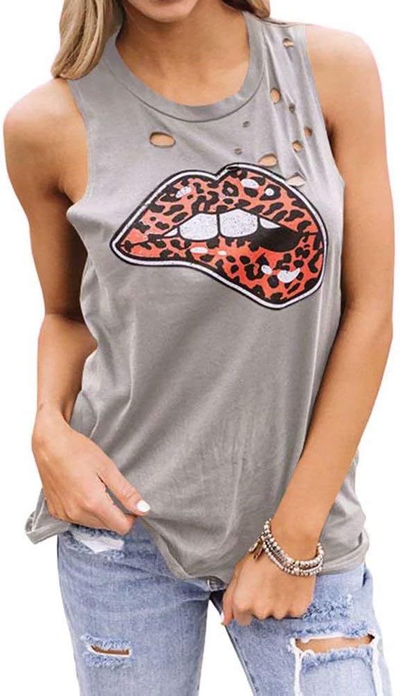 Dressmine Women's Sleeveless Graphic Lip Print Distressed T Shirt Summer Casual Tank Tops | Amazon (US)
