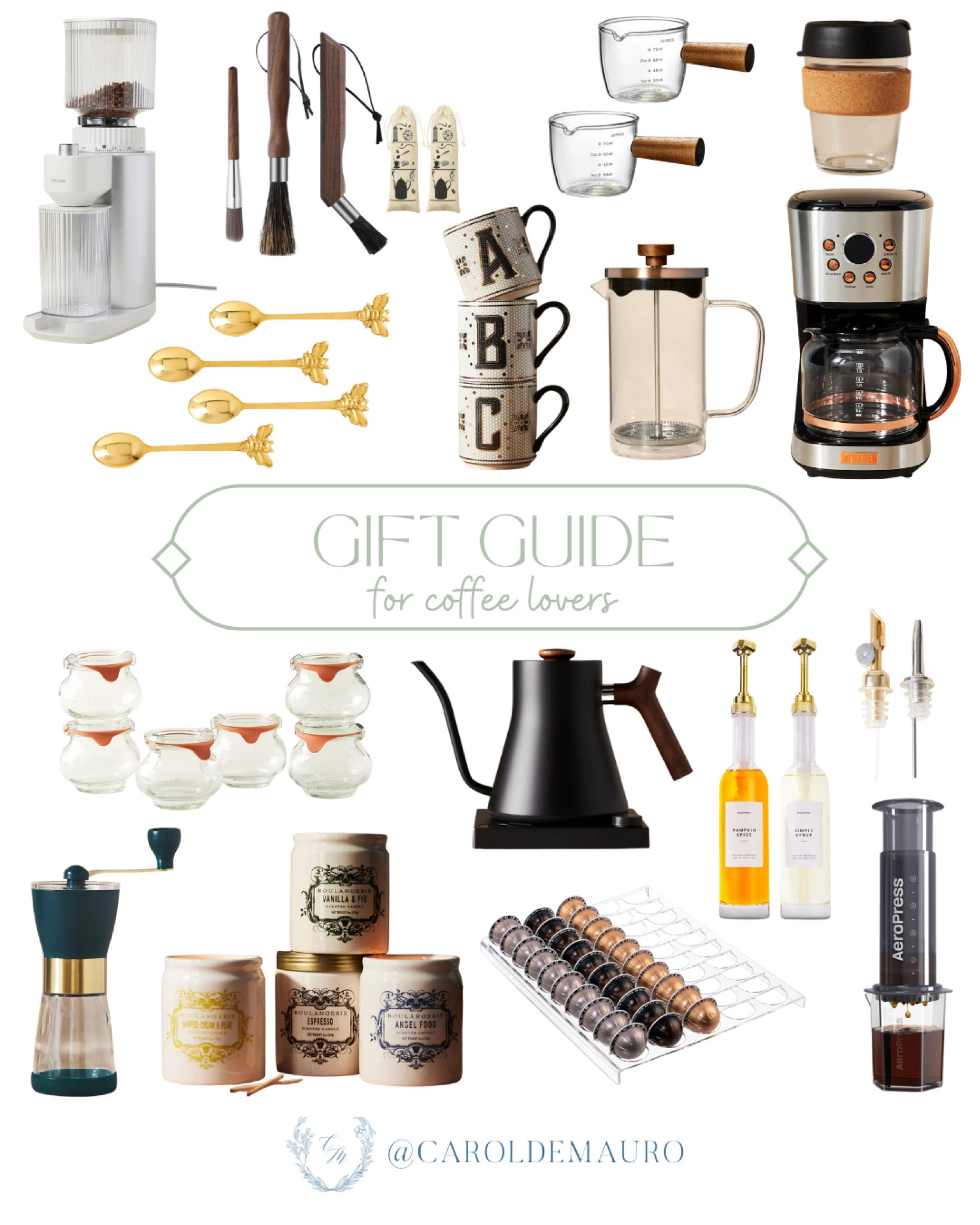 If you're obsessed with coffee or if someone you know is, then check out this gift guide for coffee lovers! From electric kettle, Aeropress, bean grinder, french press, to on-the-go cup, you won’t need to stop by your nearby coffee shop anymore because you can have the perfect coffee corner at home! 
#coffeemaker #kitchenappliance #organizationhack #glassware

#LTKStyleTip #LTKSeasonal #LTKHome