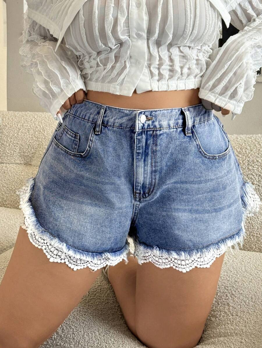 SHEIN ICON Plus Size Women's Fashionable Vintage American Style Blue Fringe Denim Shorts For Summ... | SHEIN