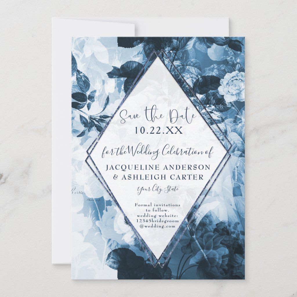 Geometric Chinoiserie Blue and White Floral Script Save The Date | Zazzle