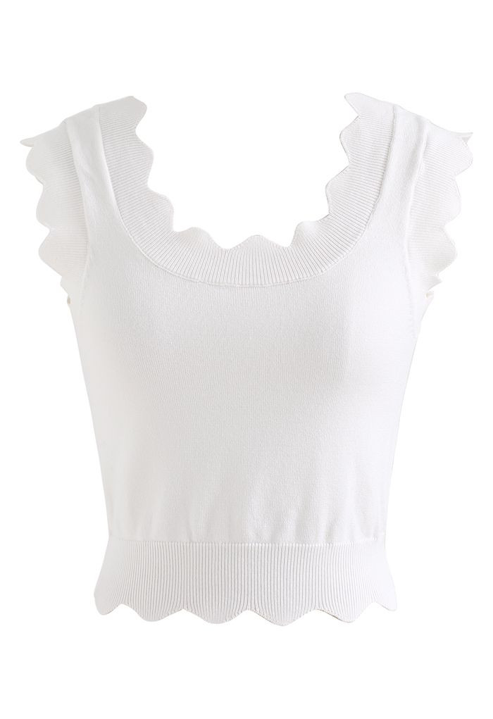 Scalloped Edge Knit Tank Top in White | Chicwish