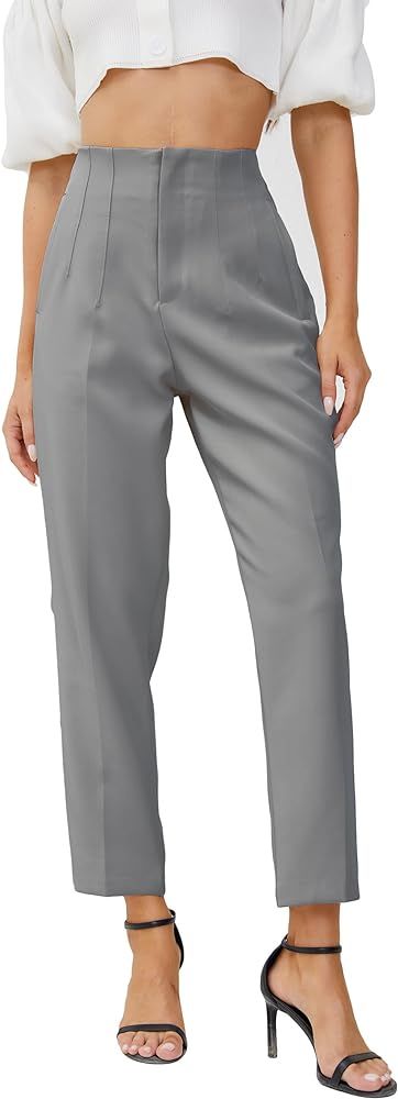 Women's High Waisted Business Trousers Straight Leg Pleated Office Slacks Pants | Amazon (US)