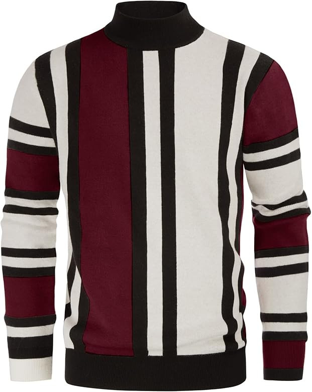 GRACE KARIN Mens Vintage Sweater Mockneck Striped Pullover Sweater Fashion Jumper Sweater | Amazon (US)