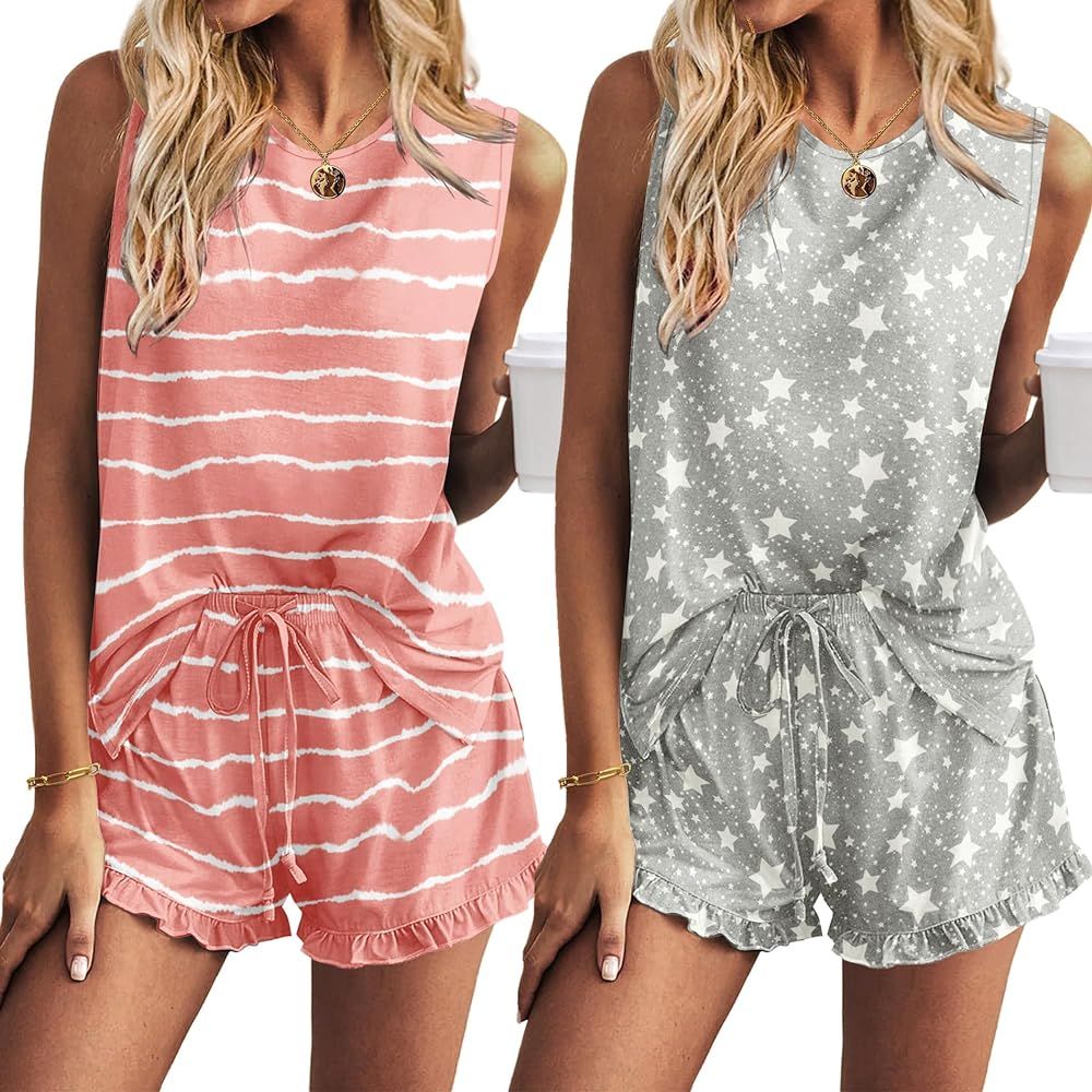 Ekouaer 2 Pack Women’s Pajama Set Print Sleepwear Tank Tops and Ruffled Shorts with Pockets Lou... | Amazon (US)