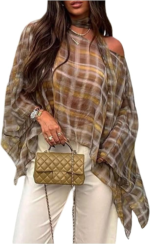 MakeMeChic Women's Plaid Off The Shoulder Poncho Top Long Sleeve Going Out Tops with Scarf | Amazon (US)
